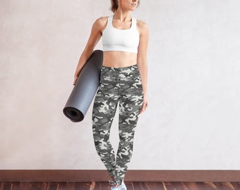 Grey Camo Yoga Leggings Women, Camouflage High Waisted Pants Cute