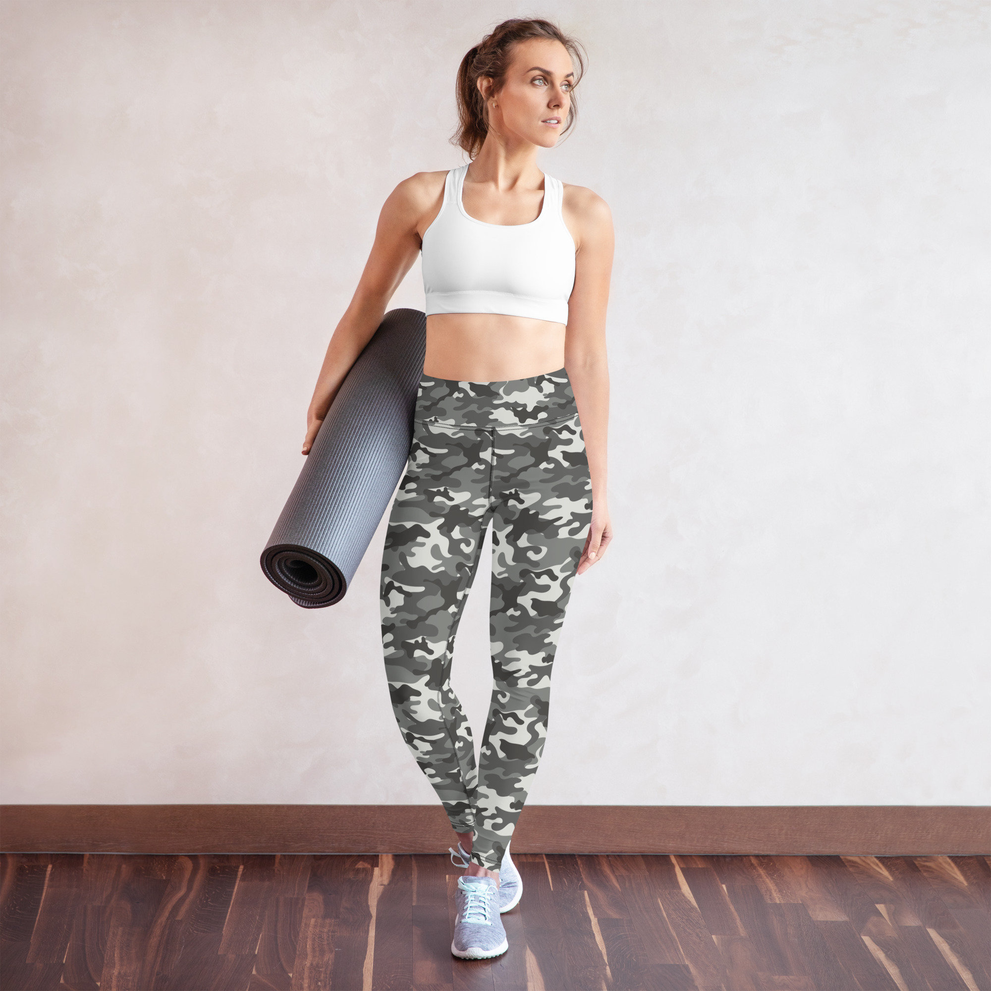 Grey Camo Yoga Leggings Women, Camouflage High Waisted Pants Cute