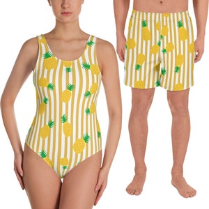 Ananas Bijpassende Badpak Set, Vrouwen One Piece Mannen Zwembroek Shorts Paren Geel Tropisch Print Zomer Fruit Badpak Badmode