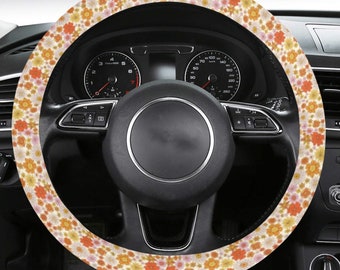 Retro Groovy Floral Steering Wheel Cover, Cute 70s Flowers Botanical Women Pink Print Car Auto Wrap Anti-Slip Insert Protector Accessories