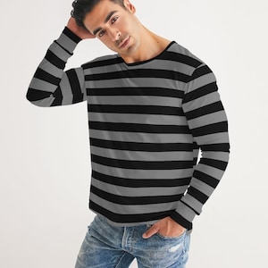 Black Grey Stripes Men Long Sleeve Tshirt, Wide Striped Unisex Women Designer Graphic Aesthetic Crew Neck Tee
