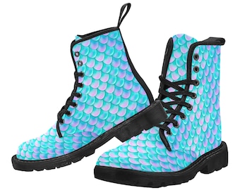 Mermaid Scales Women's Boots, Blue Fish Pattern Vegan Canvas Festival Party Ladies Lace Up Shoes Fashion Print Ankle Combat Casual Custom