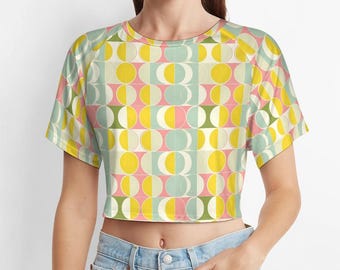 Mid Century Modern Crop Top Tshirt, Yellow Geometric Belly Tee Women Ladies Adult Cute Aesthetic Graphic Crewneck Festival Y2K Cropped Shirt