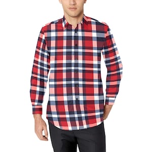 Red White Blue Plaid Long Sleeve Men Button Up Shirt, American Check Tartan Print Dress Buttoned Collar Dress Shirt with Chest Pocket