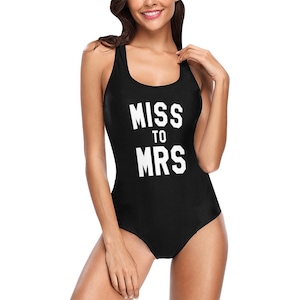 Miss to Mrs One Piece Swimsuit, Bride to Be Future Mrs Swim Bachelorette Bridal Party Women&#39;s Custom Bathing Suit Plus Size Swimwear
