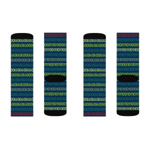 May include: Four pairs of blue socks with a pattern of colourful binary code. The socks are arranged in a row from left to right.
