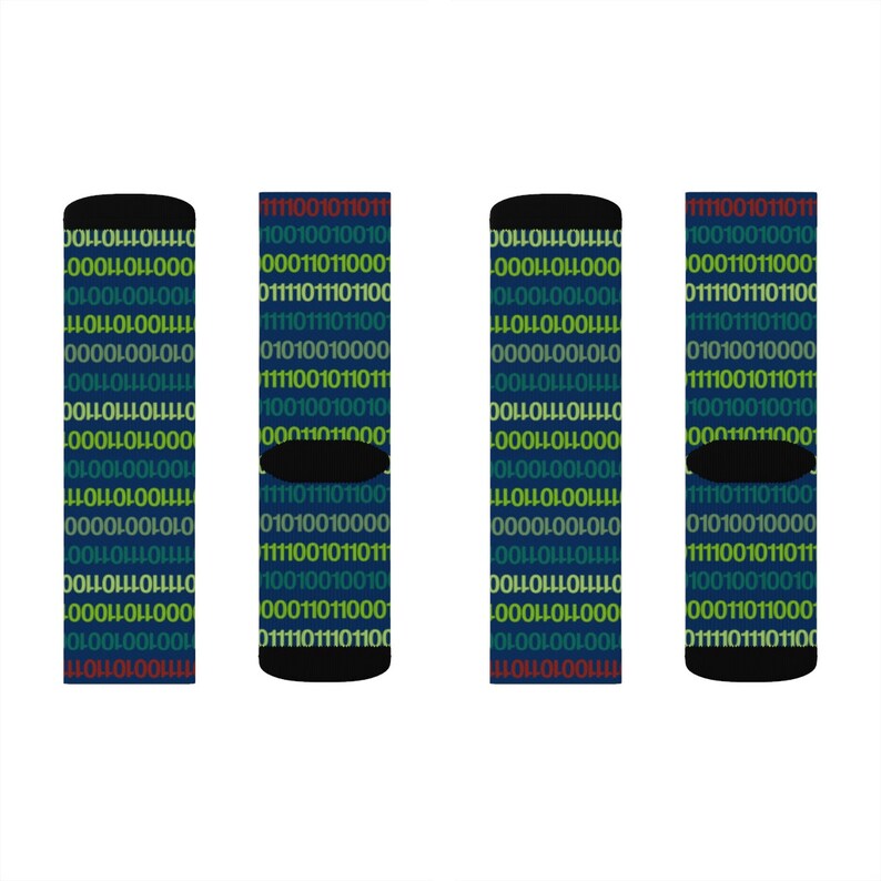 May include: Four pairs of blue socks with a pattern of colourful binary code. The socks are arranged in a row from left to right.