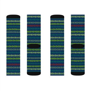 May include: Four pairs of blue socks with a repeating pattern of binary code in green, yellow, and red. The socks have black cuffs.