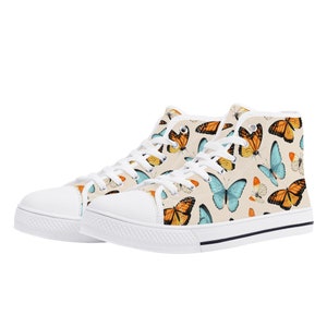 Butterfly Women High Top Shoes, Monarch Lace Up Sneakers Footwear Canvas Streetwear Girls Designer White Black Gift Idea