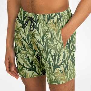 Zeewier groene heren zwembroek, olijfkleurige halflange shorts strand surf badmode mannelijke zakken mesh voering trekkoord badpak zomer