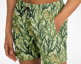 Bañadores de hombre de color verde alga marina, pantalones cortos de longitud media color oliva, traje de baño para surf en la playa, bolsillos masculinos, forro de malla, traje de baño con cordón, verano