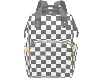 Checkered Diaper Bag Backpack, Grey Cream Check Baby Boy Girl Waterproof Insulated Pockets Stylish Mom Dad Designer Men Women Multipurpose