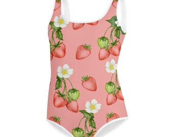 Strawberry Pink Girls Swimsuits (8 - 20), Flowers Summer Fruit Cute Kids Jr Junior Tween Teen One Piece Bathing Suit Young Swimwear