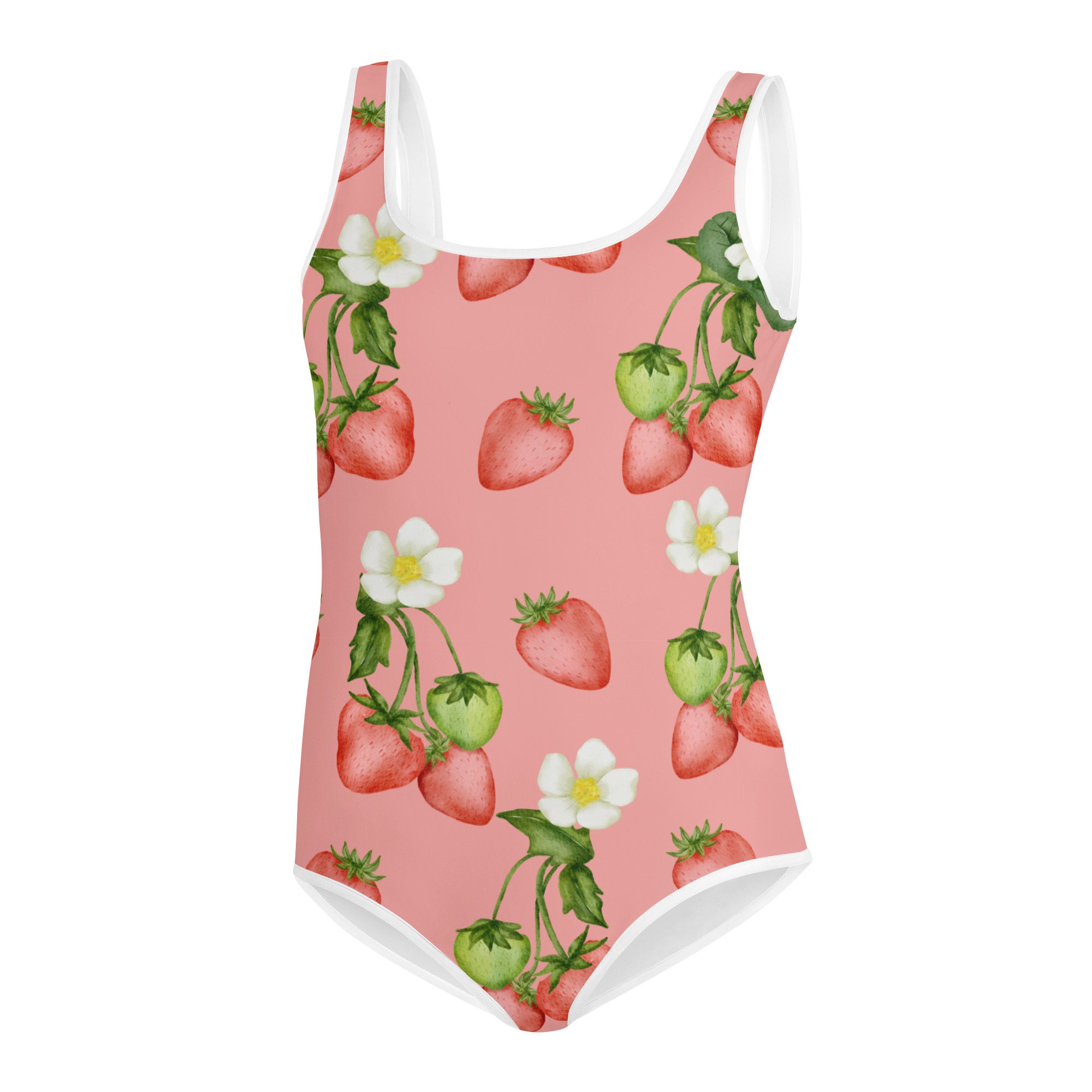 Strawberry Pink Girls Swimsuits (8 - 20), Flowers Summer