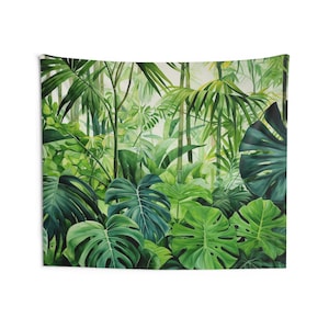May include: A watercolor painting of a lush tropical jungle scene with large green leaves and a white background.
