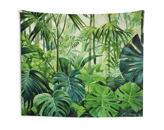 Tropical Leaf Tapestry, Watercolor Green Leaves Nature Jungle Wall Art Hanging Unique Landscape Aesthetic Large Small Decor Bedroom Dorm