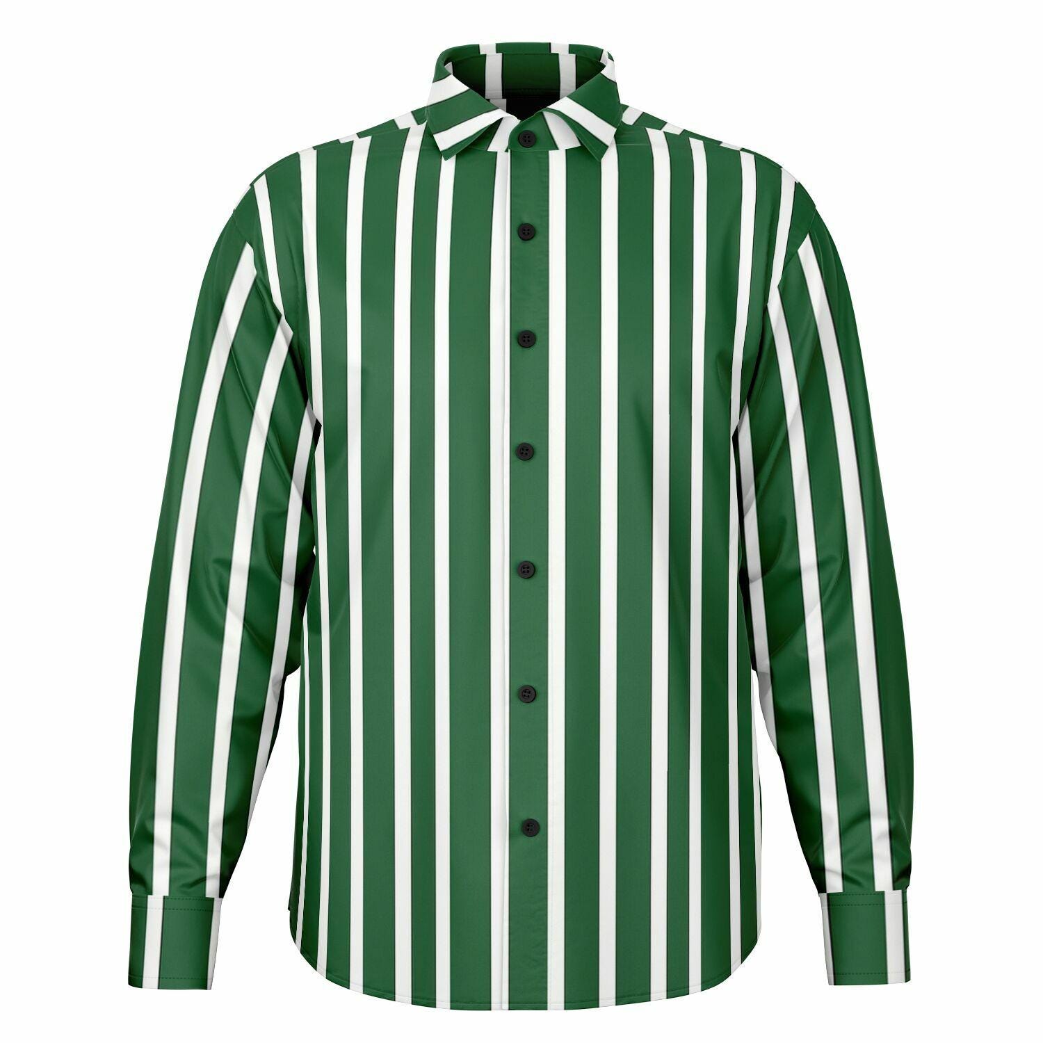 Green White Striped Long Sleeve Men Button Up Shirt, Vertical Stripes Guys Male Print Buttoned Down Collared Graphic Casual Dress Plus Size XS