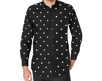 Polka Dot Long Sleeve Men Button up Shirt Black White Print Dress Buttoned Collar Dress Shirt With Chest Pocket Etsy