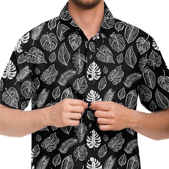 Black Tropical Plants Men Button Up Shirt, Leaves Beach Short Sleeve Print Casual Buttoned Down Summer Male Guys Collared Designer Dress Black Tropical Plants Men Button Up Shirt, Leaves Beach Short Sleeve Print Casual Buttoned Down Summer Male Guys Collared Designer Dress