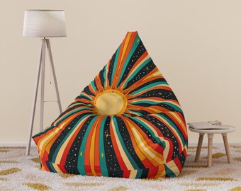 Retro Sunburst Bean Bag Chair Cover, Stars Groovy 70s Sun Rays Boho Washable Furniture Small Large Adult Kids Sofa Apartment Dorm Unfilled