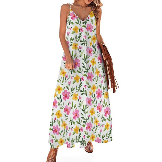 Pink Yellow Floral Maxi Dress, Spring Easter Long Flowers Spaghetti Straps  Women Sleeveless Casual Cute Designer Elegant Plus Size Cocktail - Etsy