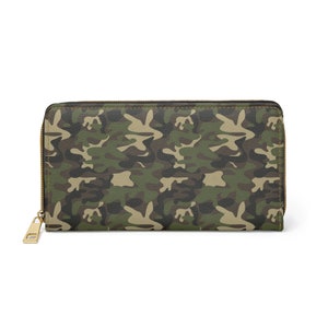 Camo Faux Leather Wallet Women, Camouflage Green Zipper Zip Around Coins Credit Cards Pocket Cash Ladies Pouch Slim Clutch Purse