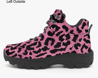 May include: Pink and black leopard print high-top sneakers with a chunky black sole.