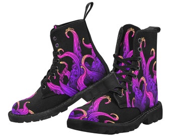 Octopus Tentacles Women's Boots, Purple Goth Pattern Vegan Canvas Festival Party Lace Up Shoes Fashion Print Ankle Combat Casual Custom Gift