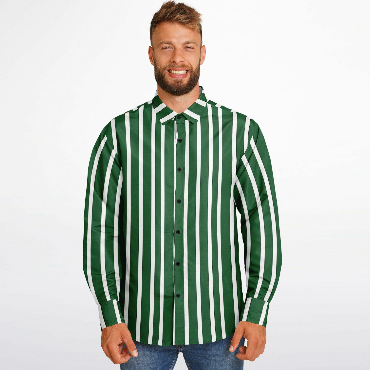 green and white dress shirt Green White Striped Long Sleeve Men Button Up Shirt, Vertical Stripes Guys Male Print Buttoned Down Collared Graphic Casual Dress Plus Size