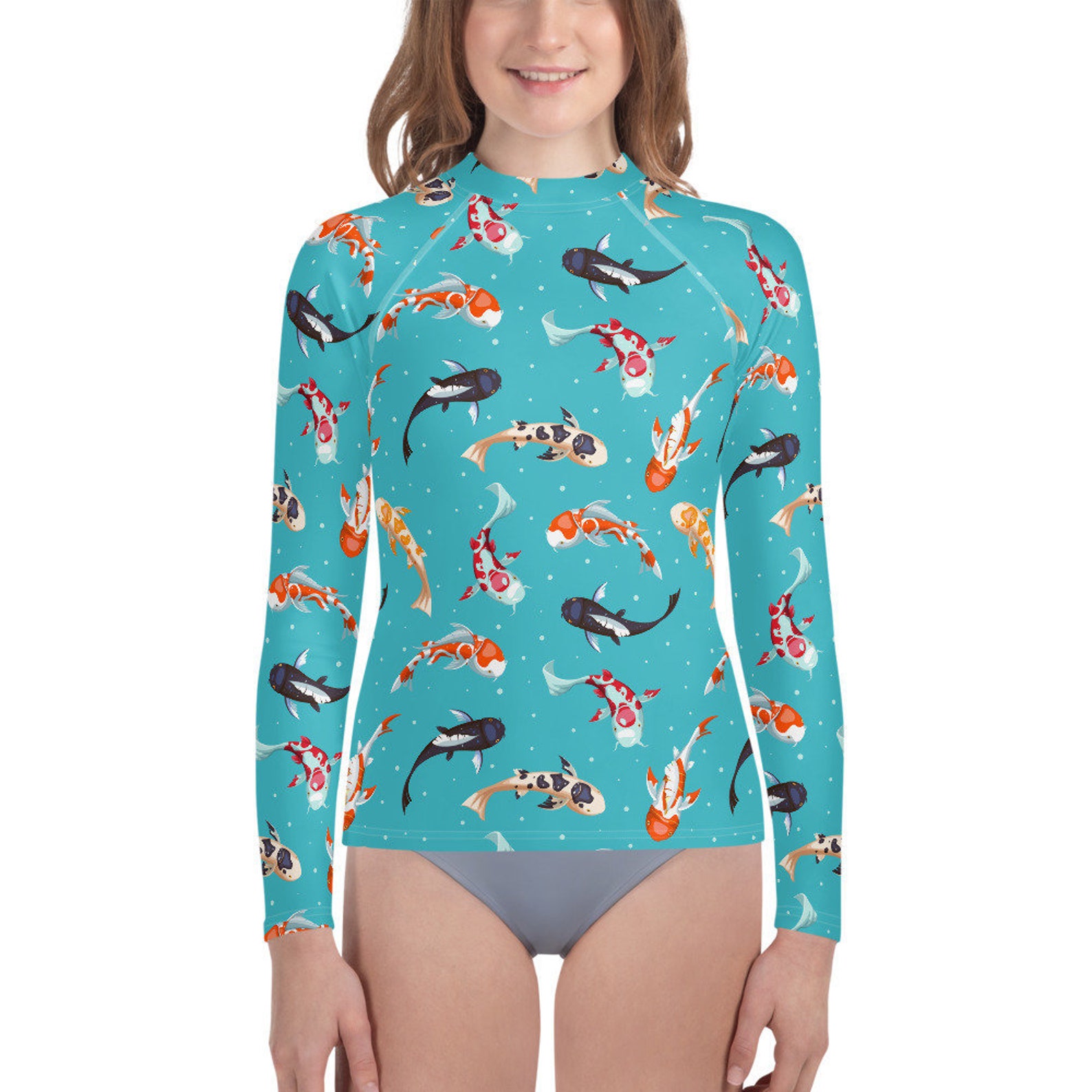 Koi Fish Girls Rash Guard 820 Blue Japanese Print Surf Etsy UK