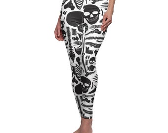 Skeleton Halloween Leggings, Black White Skull Human Bones Anatomy Goth Yoga Pants, Women's Casual Skinny Leggings