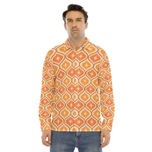 Mid Century Retro Men&#39;s Lapel Collar Shirt With Concealed Placket, Orange Starburst Vintage 60s 70s Long Sleeve Button Up Dress Collared