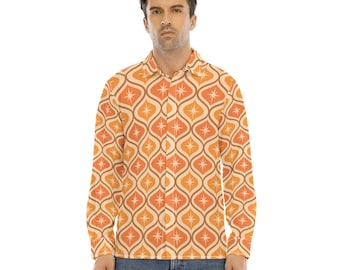 Camisa de cuello de solapa para hombre retro de mediados de siglo con tapeta oculta, vestido naranja Starburst vintage de los años 60 y 70 con botones de manga larga con cuello