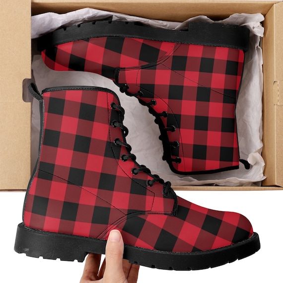 Red Buffalo Plaid Men Leather Boots, Check Vegan Lace up  display picture 1