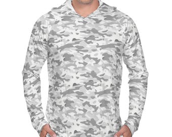 Sudadera con capucha de camuflaje blanco para hombre, camuflaje gris, protección UV UPF 50, ligera, manga larga, transpirable, con bolsillos y capucha.
