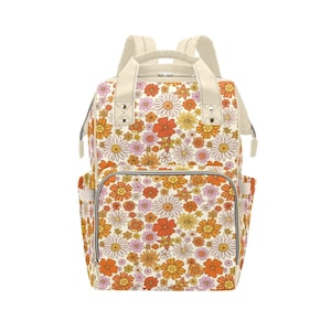Retro Blumen Windel Tasche Rucksack, Rosa Blumen Groovy 70er Jahre Baby Mädchen wasserdicht Taschen stilvolle Mutter Designer Männer Frauen Mehrzweck