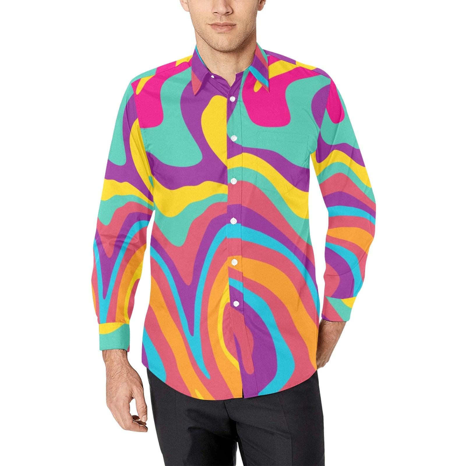 Retro 70s Long Sleeve Men Button up Shirt, Vintage Trippy