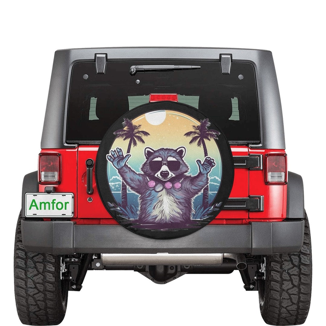 Raccoon Spare Tire Cover, Funny Rear Backup Camera Hole Hawaiian Back