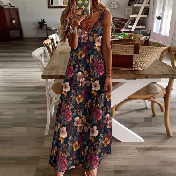 Pink Bordeaux Floral Maxi Dress, Flowers Fall Autumn Long Spaghetti Straps  Flowy Women Sleeveless Casual Designer Plus Size Cocktail Party