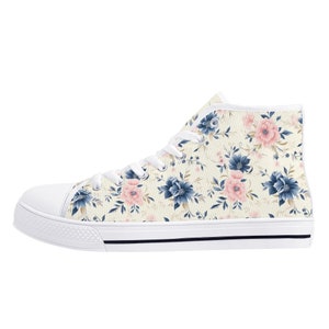 Blue Pink Floral Women High Top Shoes, Flowers Cream Lace Up Sneakers Footwear Canvas Streetwear Ladies Girls White Trainers Designer Gift