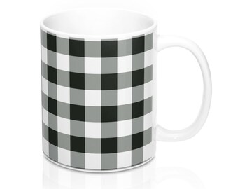 Buffalo Plaid Coffee Mug, Tea Lover Black and White Check Checkered Ceramic Holiday Christmas 11oz Cup Gift