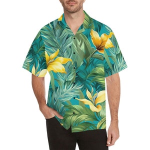 Tropical Leaves Men Hawaiian shirt, Green Yellow Flowers Vintage Aloha Hawaii Retro Summer Tropical Beach Plus Size Cool Button Down Shirt