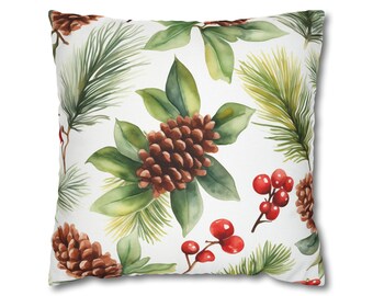 Julklapp med kotte, röda bär, botaniska högtider, jul, akvarell, fyrkantigt pläd, dekorativt överdrag, kudde 20 x 20, dragkedja, soffa
