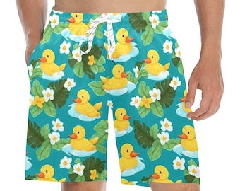 Yellow Rubber Duck Men Swim Trunks Shorts, Tropical Print Swimming Mid Length Funny Beach Pockets Mesh Drawstring Casual Bathing Suit Summer
