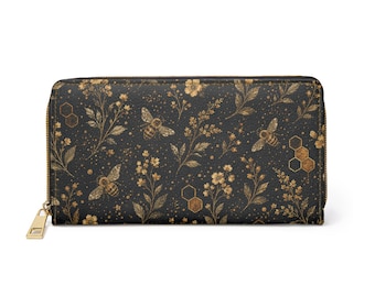 Bee Floral Leather Wallet Women, Honeycomb Flowers Vegan Zipper Zip Around Coins Credit Cards Pocket Cash Ladies Female Pouch Slim Purse