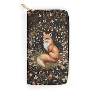 Fuchs im Wald Leder Geldbörse Frauen, Blumen Blumen Vegan Reißverschluss Zip herum Münzen Kreditkarten Tasche Bargeld Damen weiblich schlanke Kupplung Geldbörse