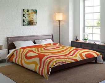 70s Retro Funky Bed Comforter, Groovy Orange 1970s Bedding King Queen Twin Single Full Unique Quilted Duvet Decor Bedroom