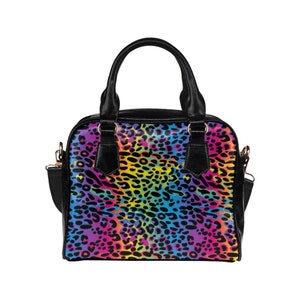 Sac à main léopard arc-en-ciel, petit sac à bandoulière mignon guépard noir en cuir végétalien haut de gamme pour femme