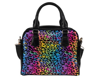 Regnbågsleopardväska, svart gepard söt liten axelväska hög vegansk läder crossbody-handväska för kvinnor