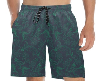 Dinosaur Men Swim Trunks, Green Dino Mid Length Shorts Beach Front Back Pockets Mesh Linen Drawstring Casual Bathing Suit Swimwear Plus Size